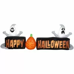 Gemmy Lightshow Airblown-Micro Lights-Sign-Happy Halloween with Ghosts and JOL-LG Scene (White)