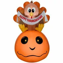 Gemmy Airblown Inflatable Harvest Turkey and Pumpkin with Banner Scene